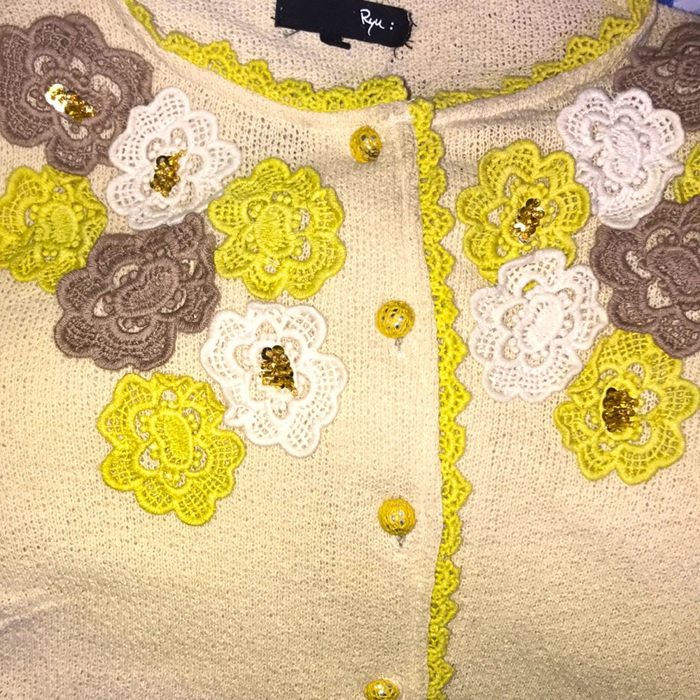 #351- (M)Vintage Ryu yellow cardigan sweater, 100% cotton material, & trim